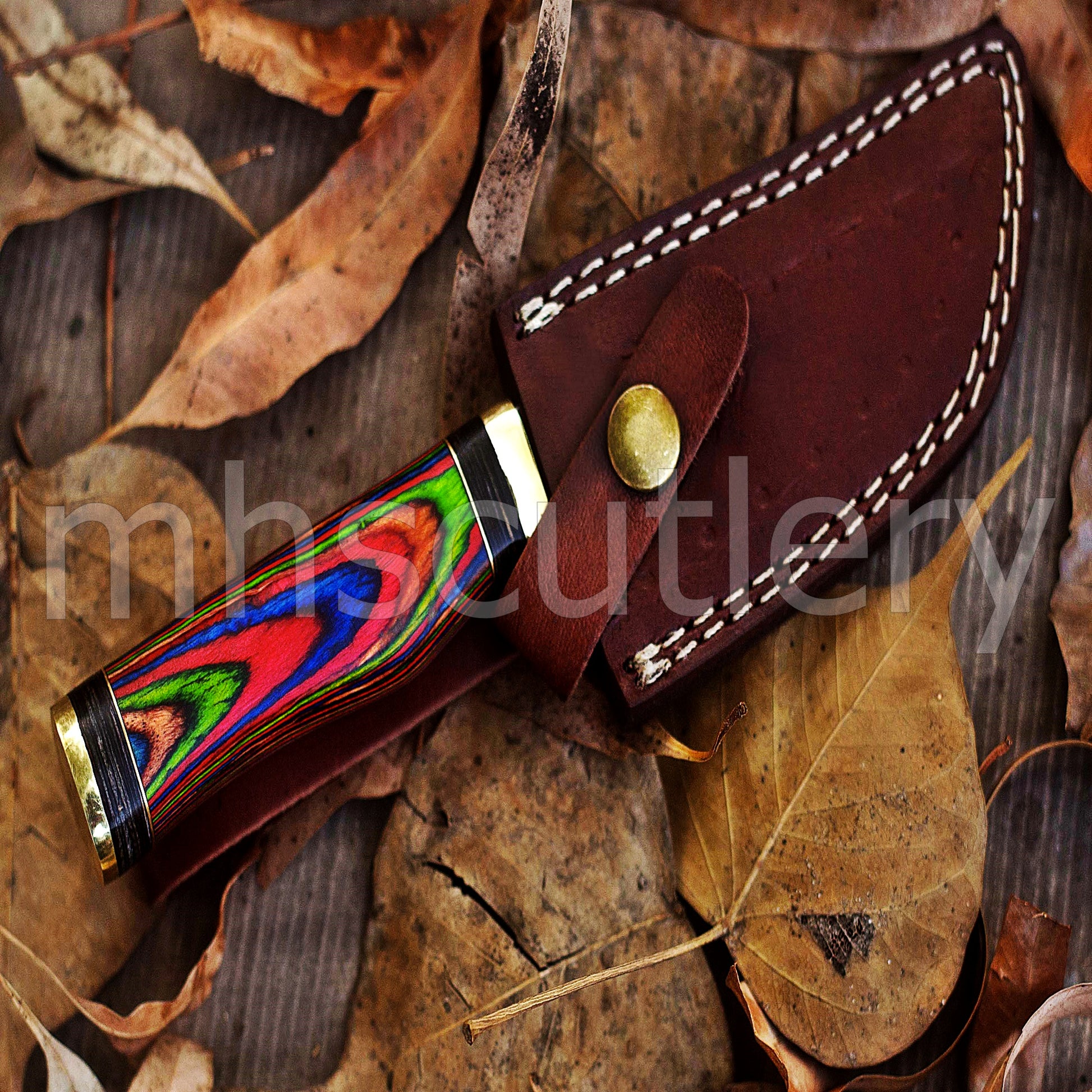 Custom Handmade Damascus Steel Skinner Knife With Rainbow Handle | mhscutlery