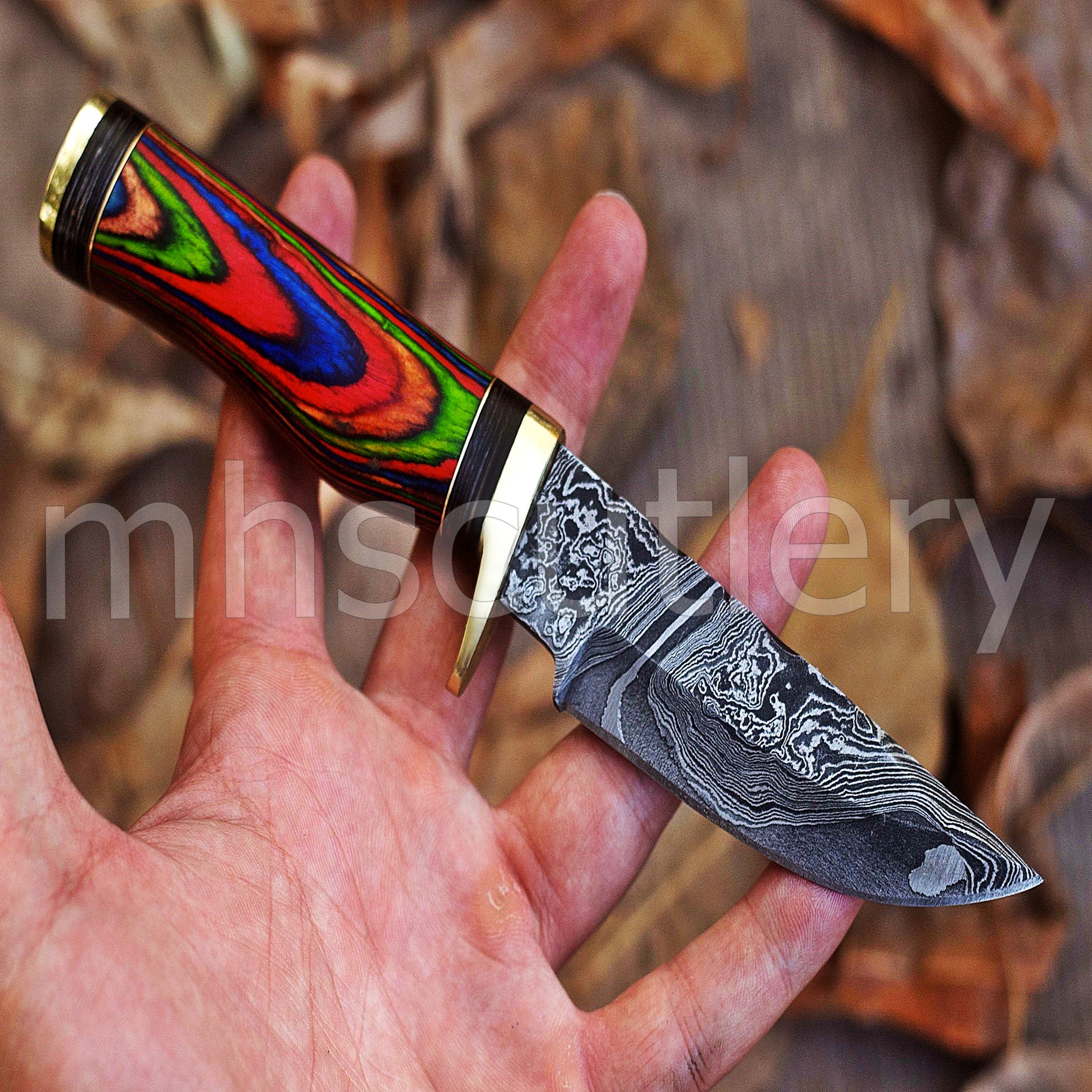 Custom Handmade Damascus Steel Skinner Knife With Rainbow Handle | mhscutlery