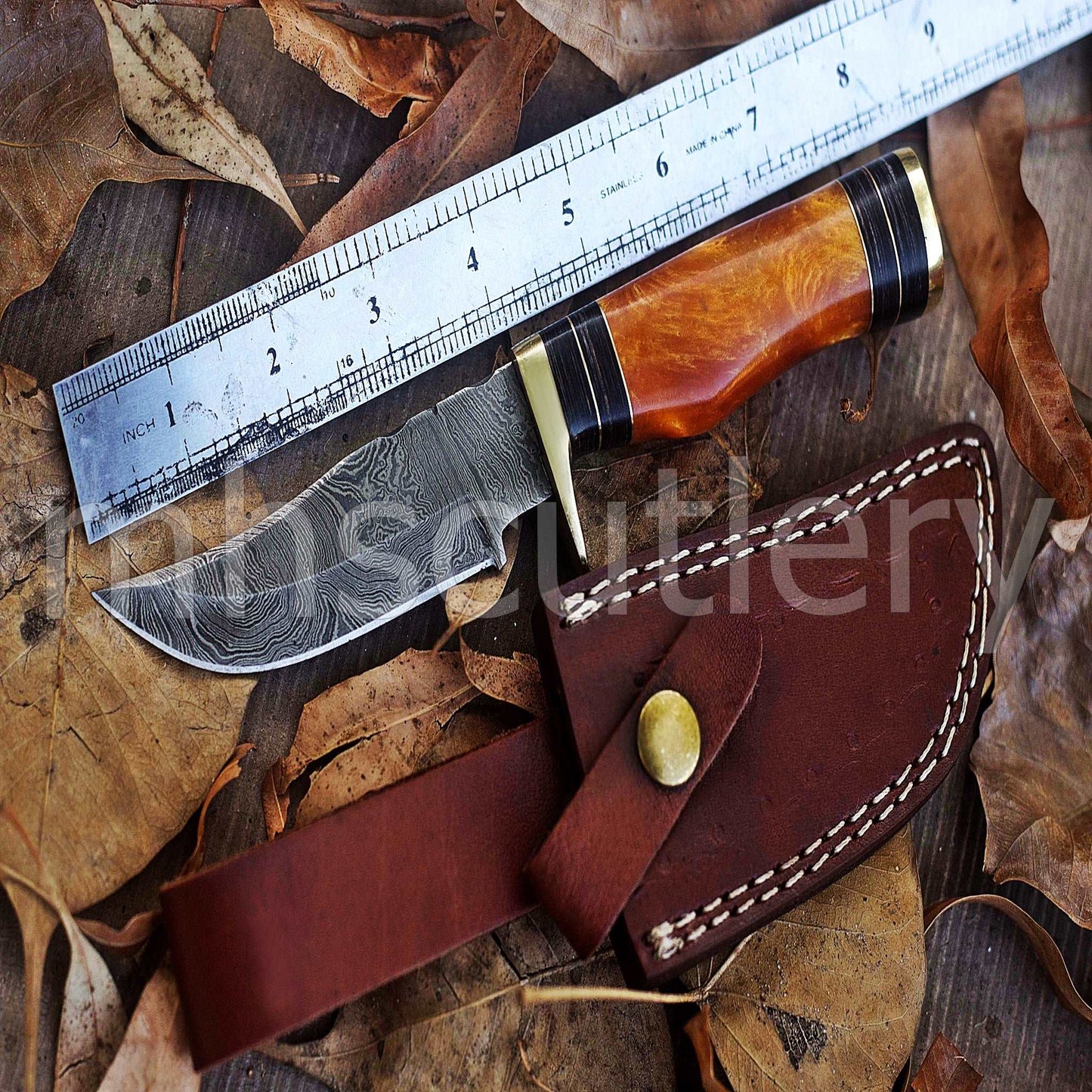Custom Hand Forged Damascus Steel Hunter Skinner Knife With Yellow Handle | mhscutlery