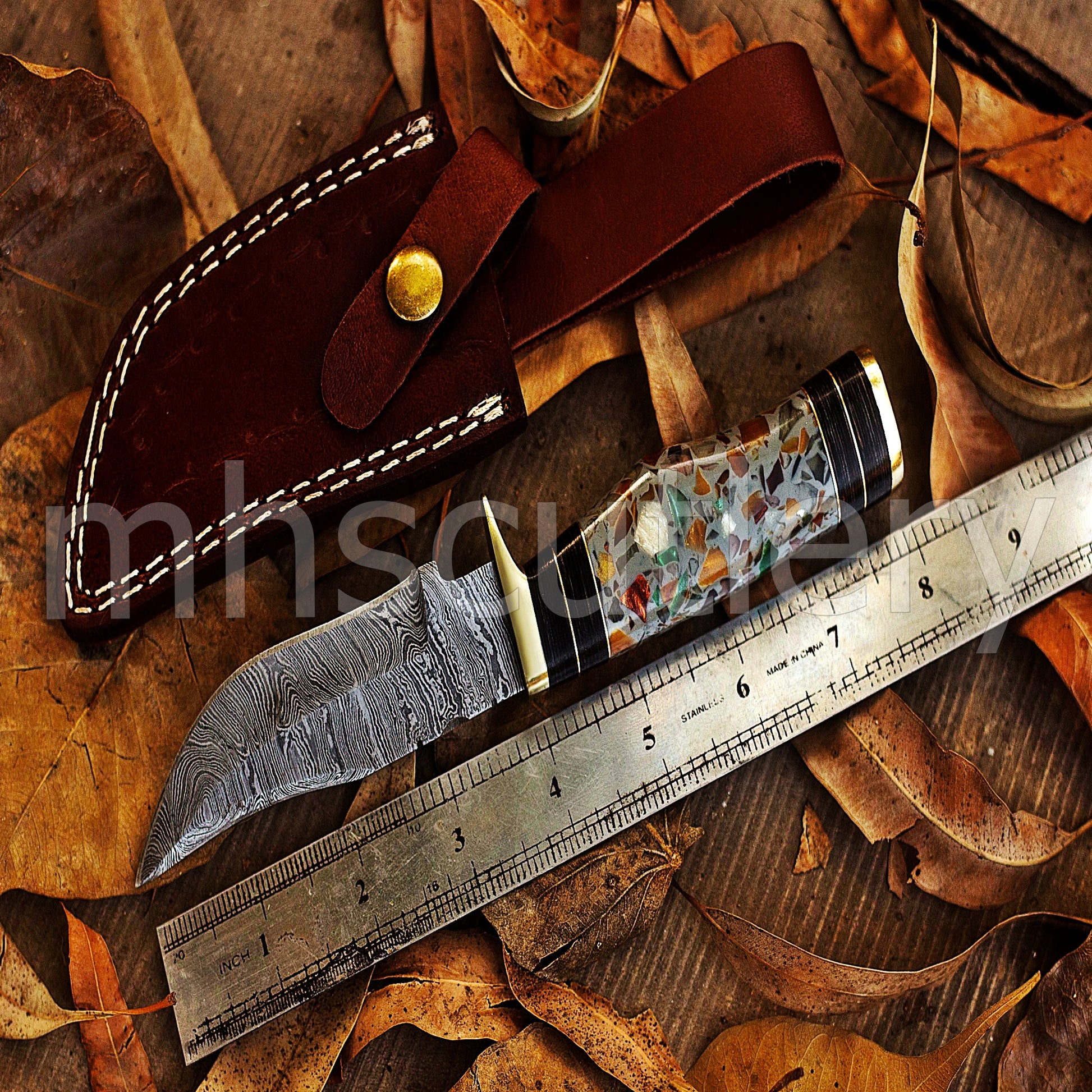 Custom Made Damascus Steel Skinning Knife With Pebble Resin Handle | mhscutlery