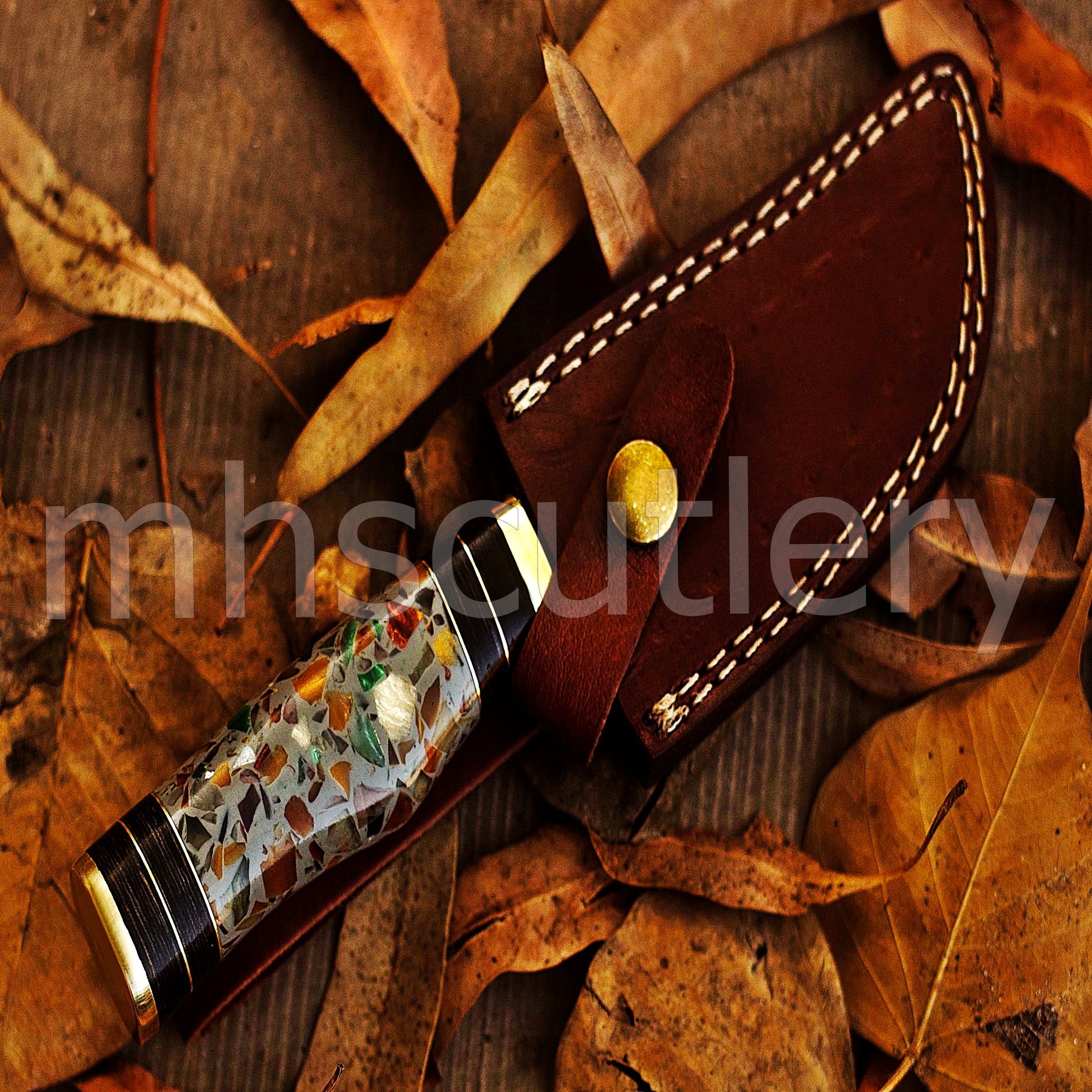 Custom Made Damascus Steel Skinning Knife With Pebble Resin Handle | mhscutlery