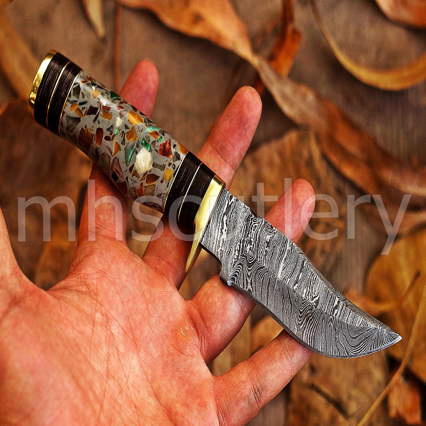 Custom Made Damascus Steel Skinning Knife With Pebble Resin Handle | mhscutlery