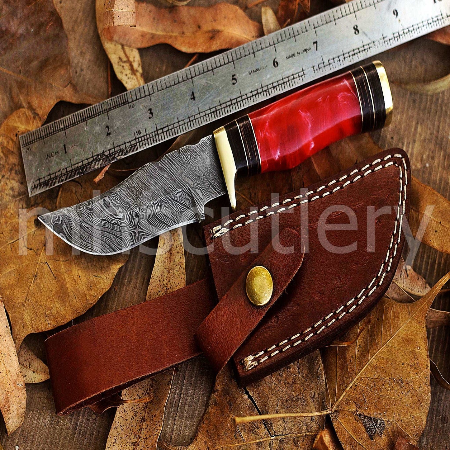 Custom Forged Damascus Steel Hunting Skinner Knife With Pink Resin Handle | mhscutlery