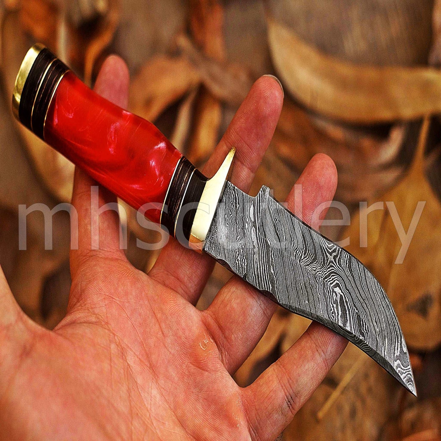 Custom Forged Damascus Steel Hunting Skinner Knife With Pink Resin Handle | mhscutlery