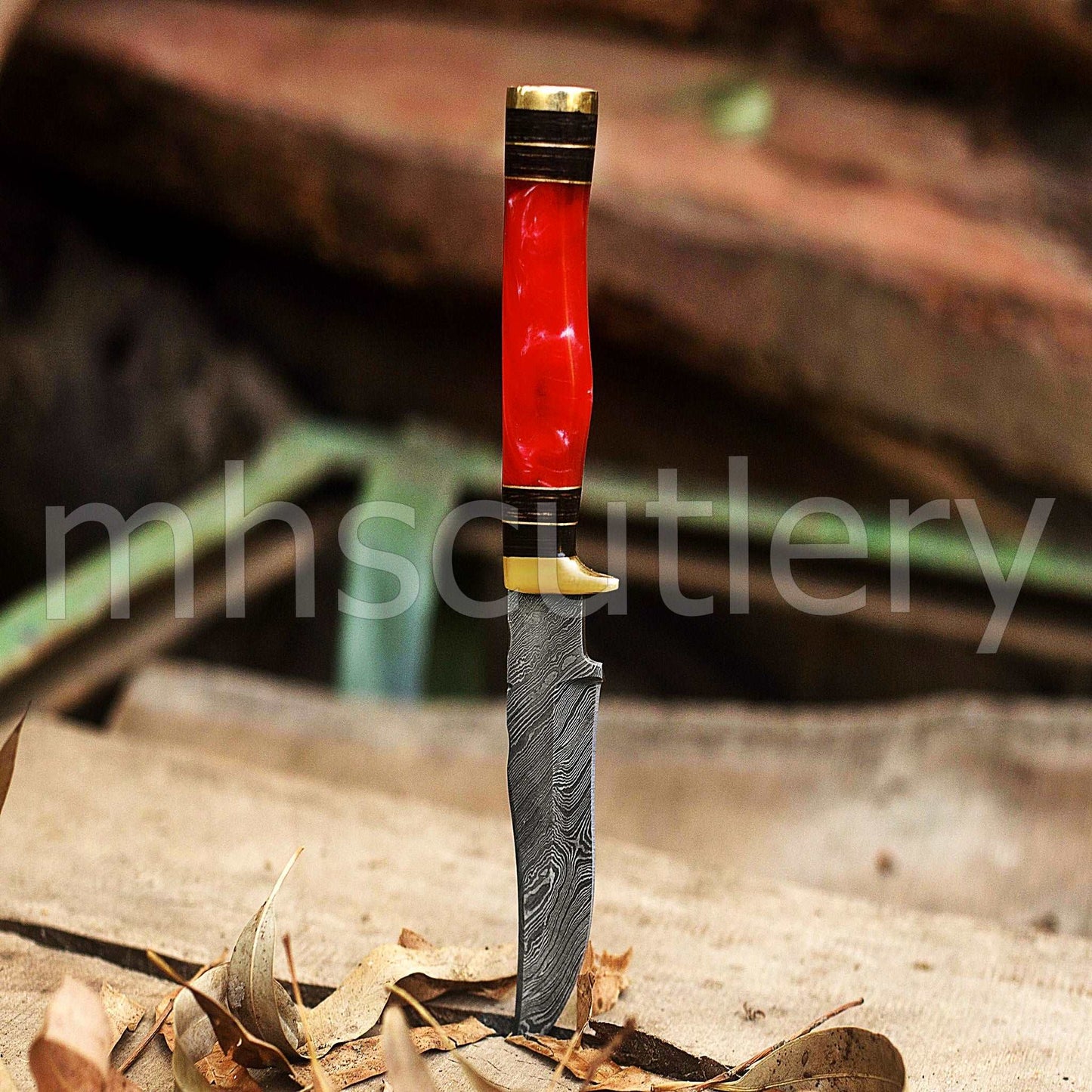 Custom Forged Damascus Steel Hunting Skinner Knife With Pink Resin Handle | mhscutlery