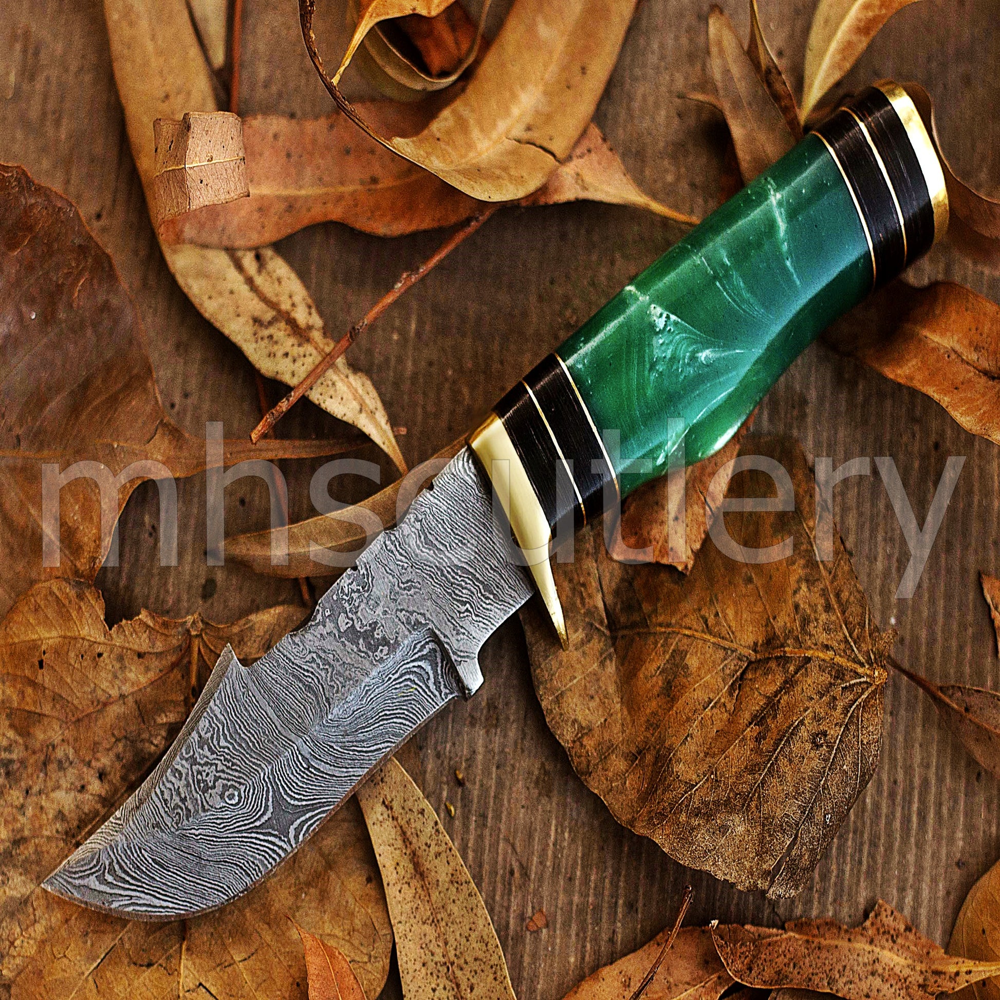 Custom Made Damascus Steel Hunter Skinning Knife With Green Resin Handle | mhscutlery