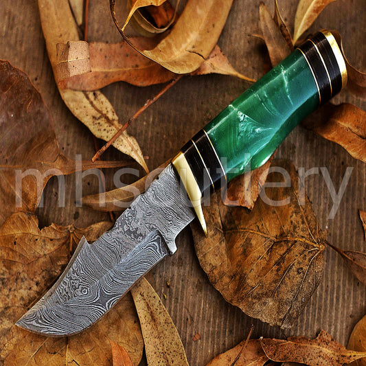 Custom Made Damascus Steel Hunter Skinning Knife With Green Resin Handle | mhscutlery