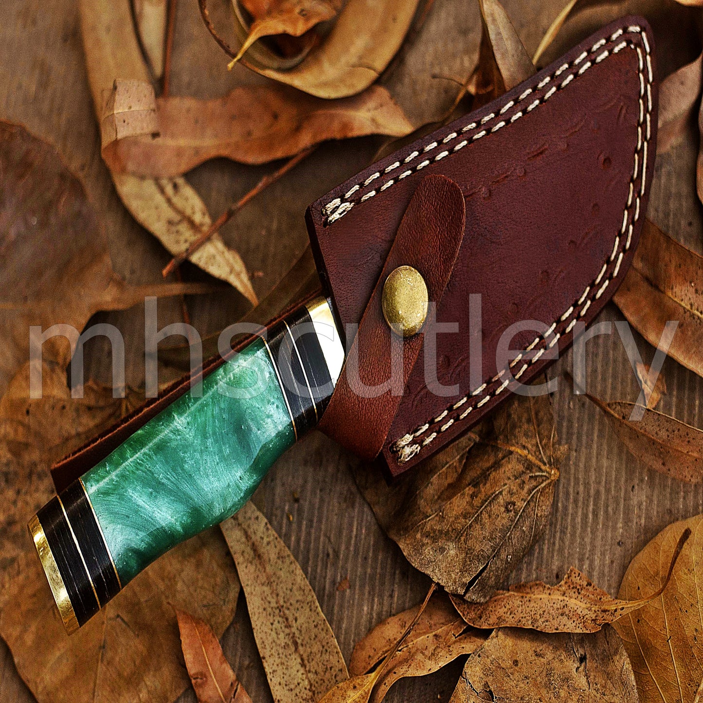 Custom Made Damascus Steel Hunter Skinning Knife With Green Resin Handle | mhscutlery