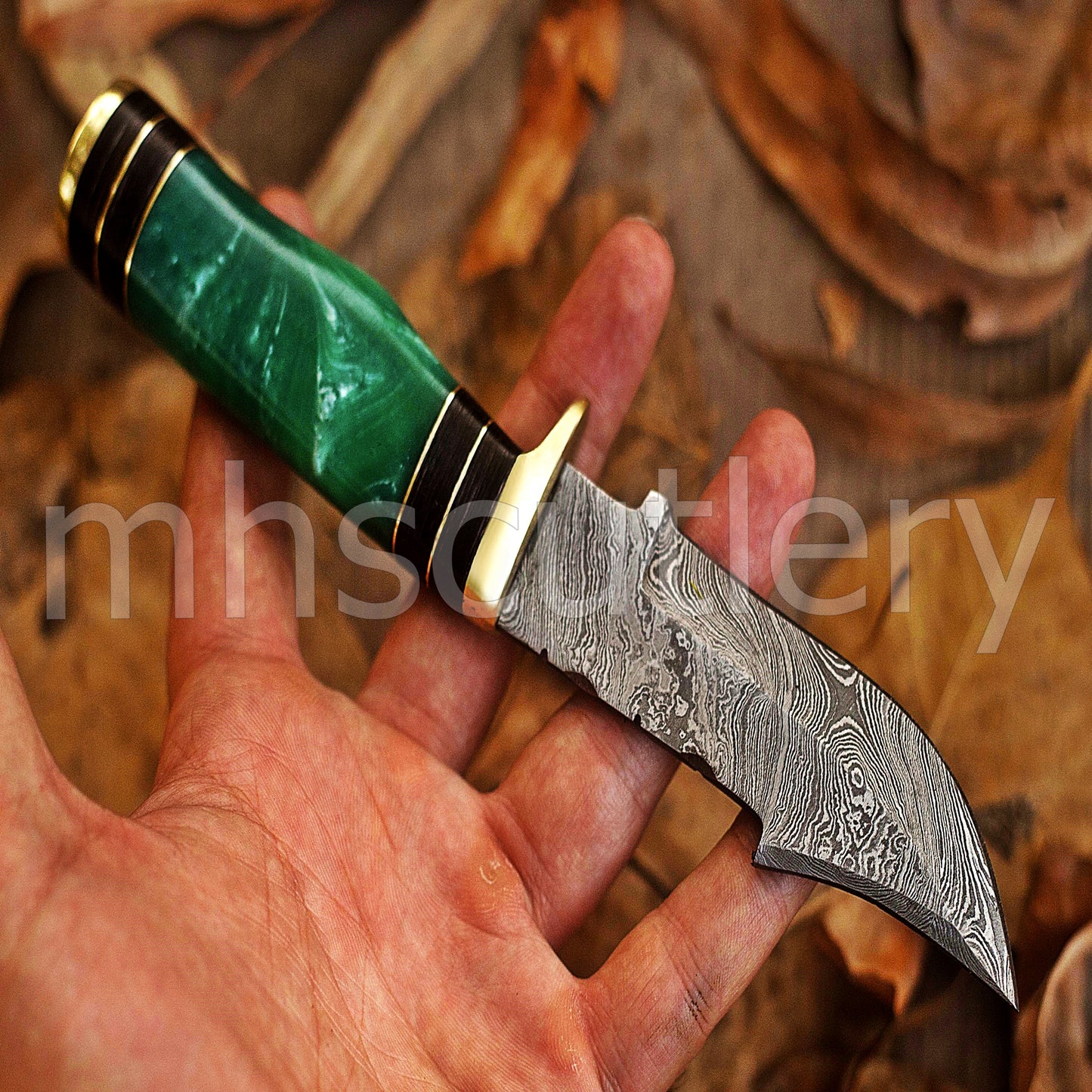 Custom Made Damascus Steel Hunter Skinning Knife With Green Resin Handle | mhscutlery