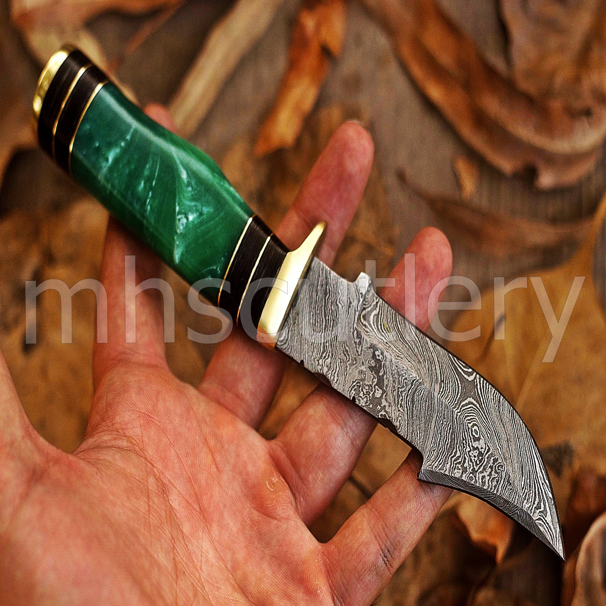 Custom Made Damascus Steel Hunter Skinning Knife With Green Resin Handle | mhscutlery