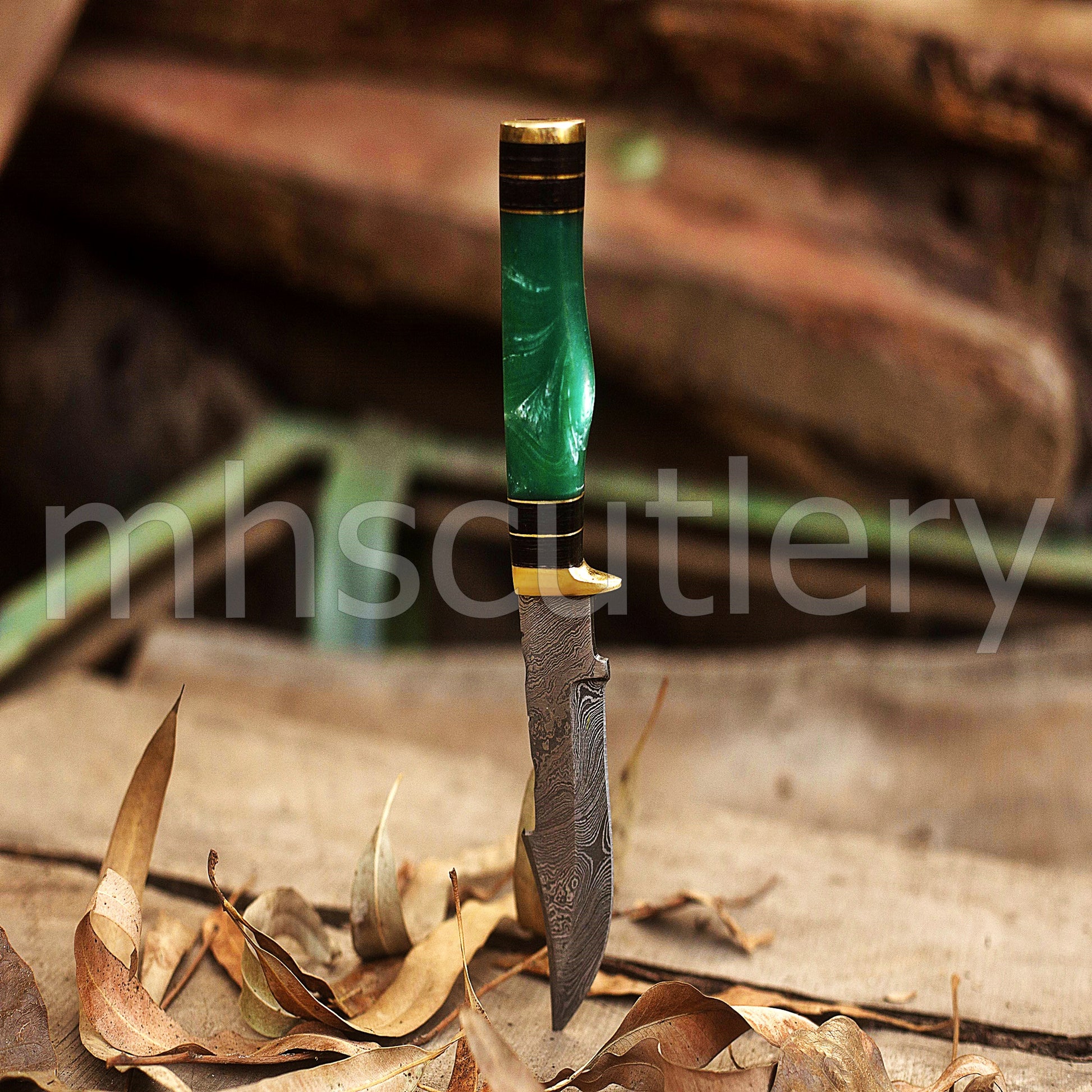 Custom Made Damascus Steel Hunter Skinning Knife With Green Resin Handle | mhscutlery
