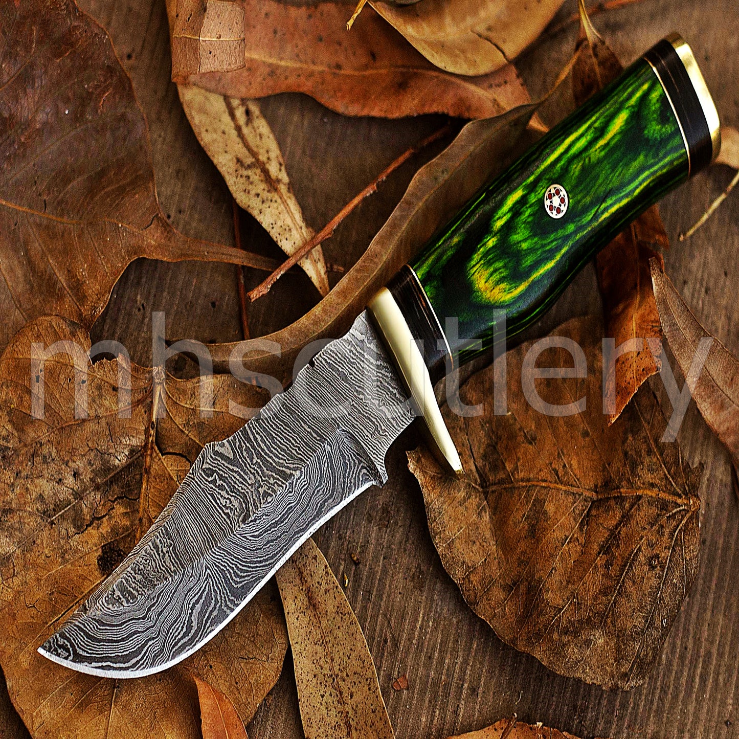 Hand Forged Damascus Steel Skinner Hunting Knife With Green Pakka Wood Handle | mhscutlery