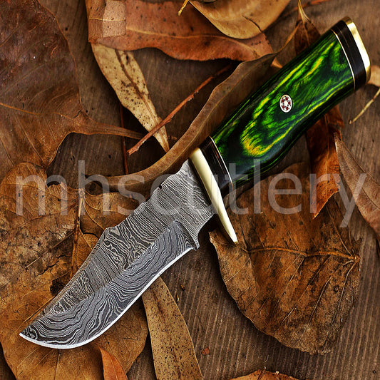 Hand Forged Damascus Steel Skinner Hunting Knife With Green Pakka Wood Handle | mhscutlery