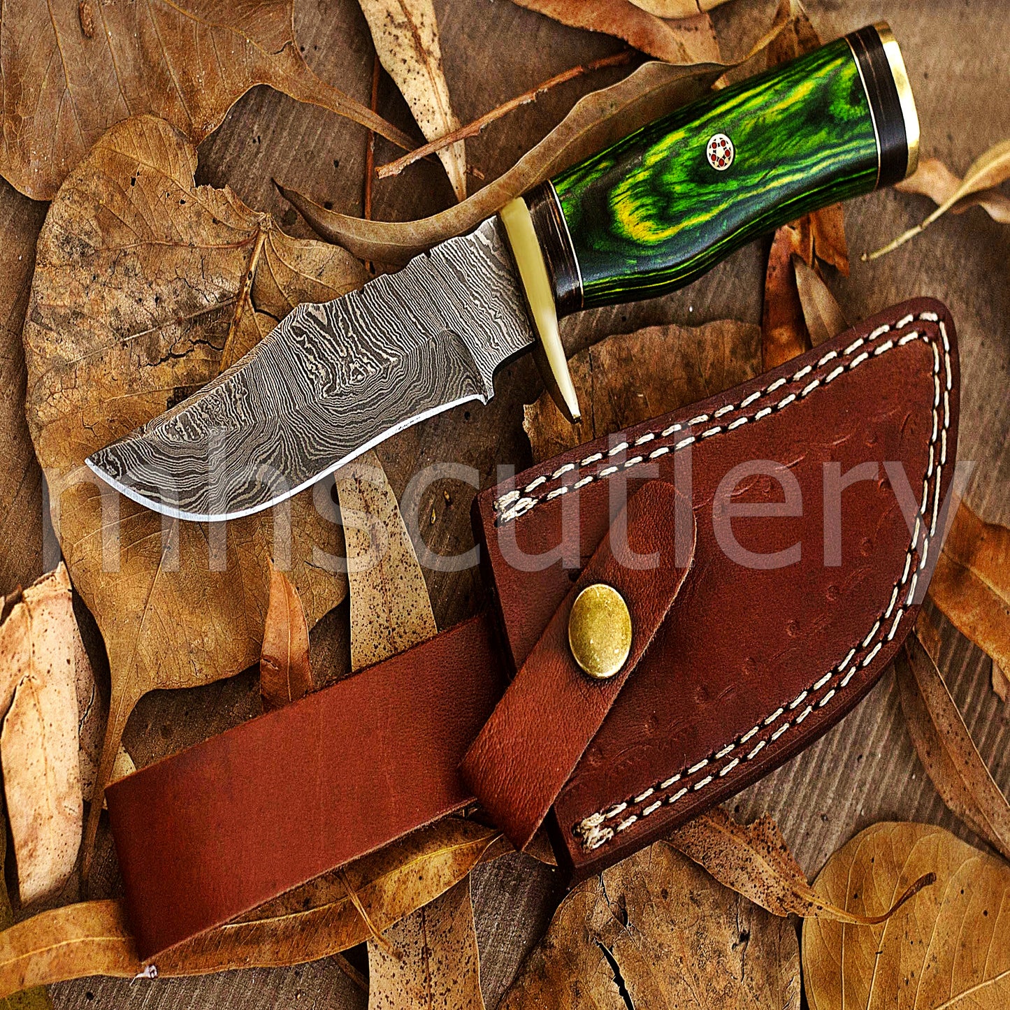 Hand Forged Damascus Steel Skinner Hunting Knife With Green Pakka Wood Handle | mhscutlery