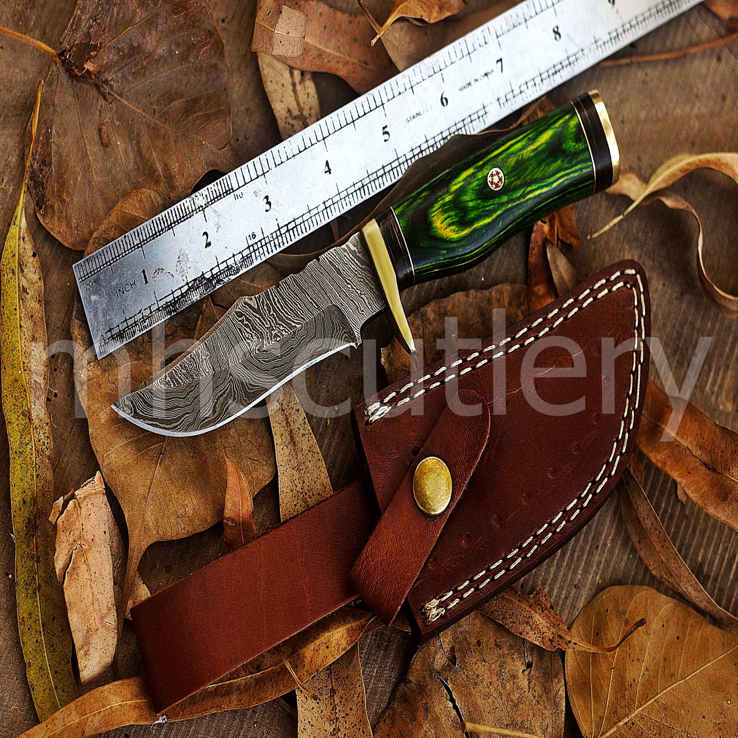 Hand Forged Damascus Steel Skinner Hunting Knife With Green Pakka Wood Handle | mhscutlery