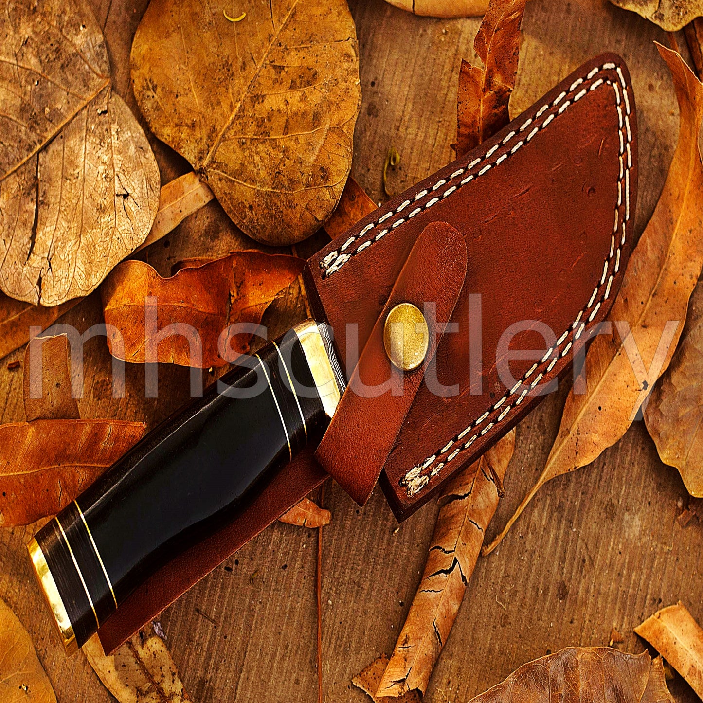 Custom Handmade Damascus Steel Skinner Knife With Bull Horn Handle | mhscutlery