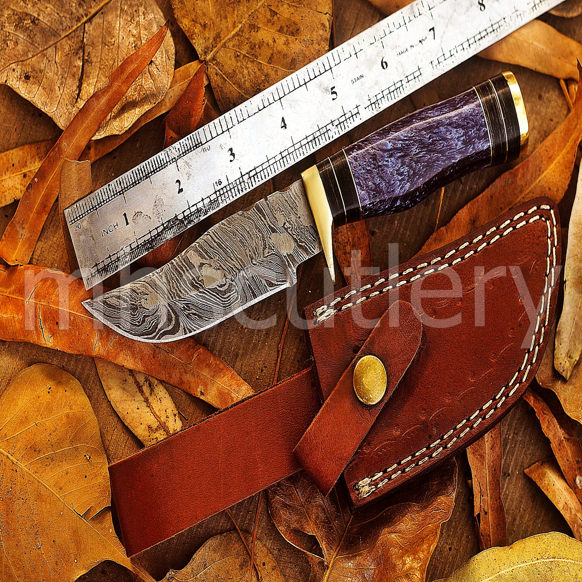 Handmade Skinner Damascus Steel Knife With Purple Resin handle | mhscutlery