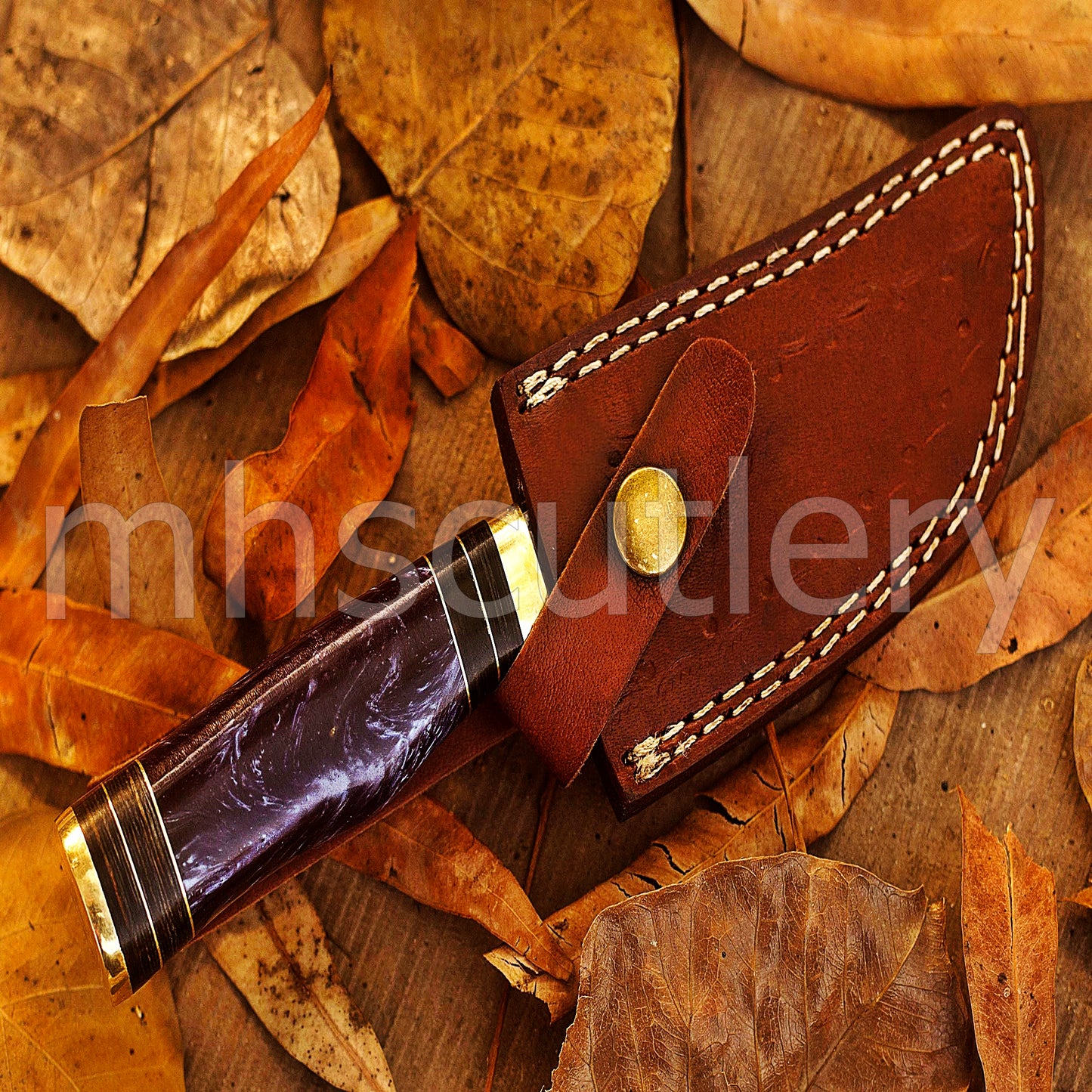 Handmade Skinner Damascus Steel Knife With Purple Resin handle | mhscutlery