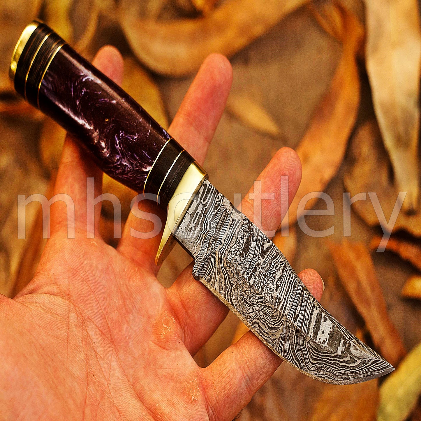 Handmade Skinner Damascus Steel Knife With Purple Resin handle | mhscutlery