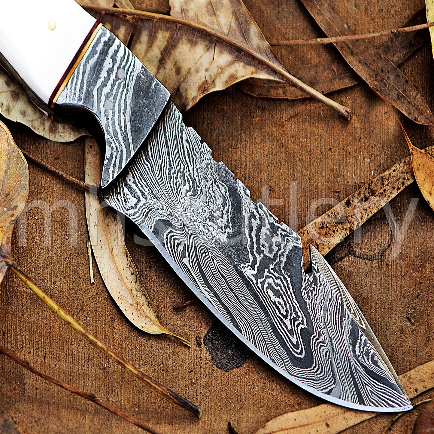 Handmade Damascus Steel Hunting Skinner Gut-Hook Knife With Bone & Bull Horn Handle | mhscutlery