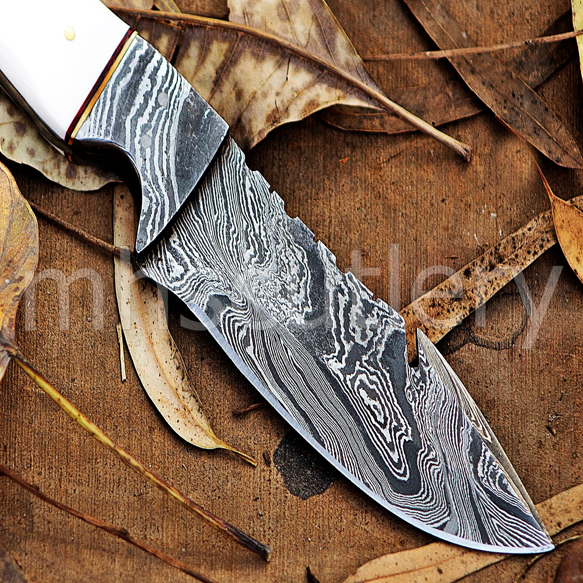 Handmade Damascus Steel Hunting Skinner Gut-Hook Knife With Bone & Bull Horn Handle | mhscutlery