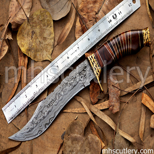 Custom Hand Forged Raindrop Damascus Steel Bowie Hunting Knife | mhscutlery