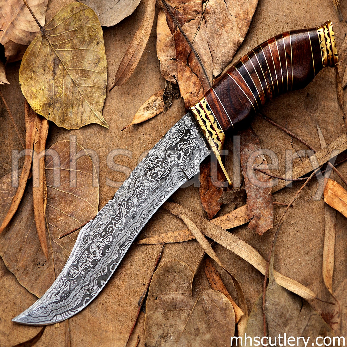 Custom Hand Forged Raindrop Damascus Steel Bowie Hunting Knife | mhscutlery
