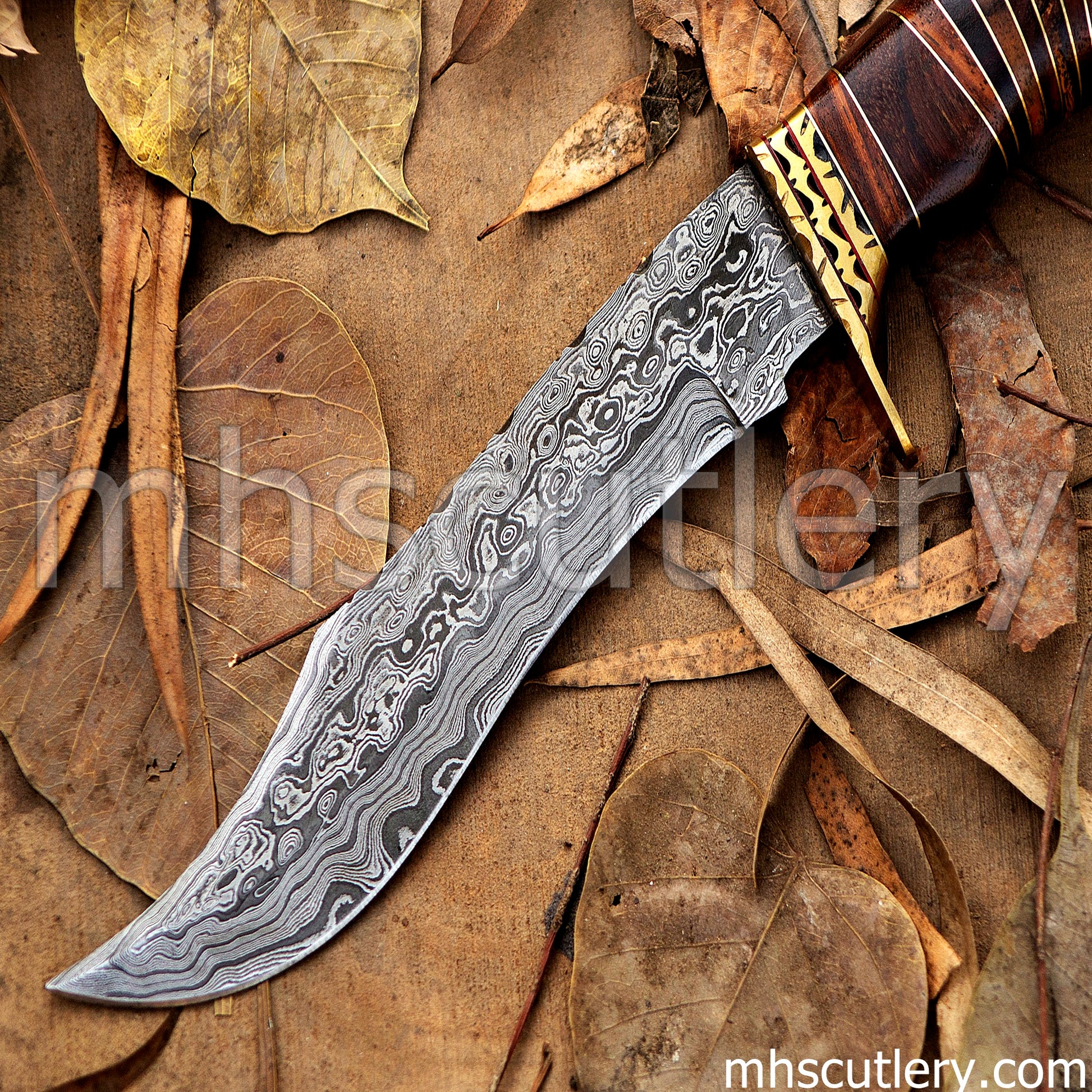 Custom Hand Forged Raindrop Damascus Steel Bowie Hunting Knife | mhscutlery