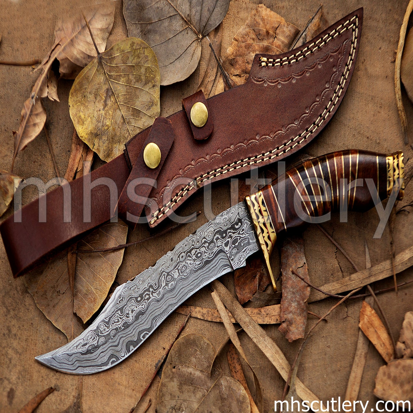 Custom Hand Forged Raindrop Damascus Steel Bowie Hunting Knife | mhscutlery