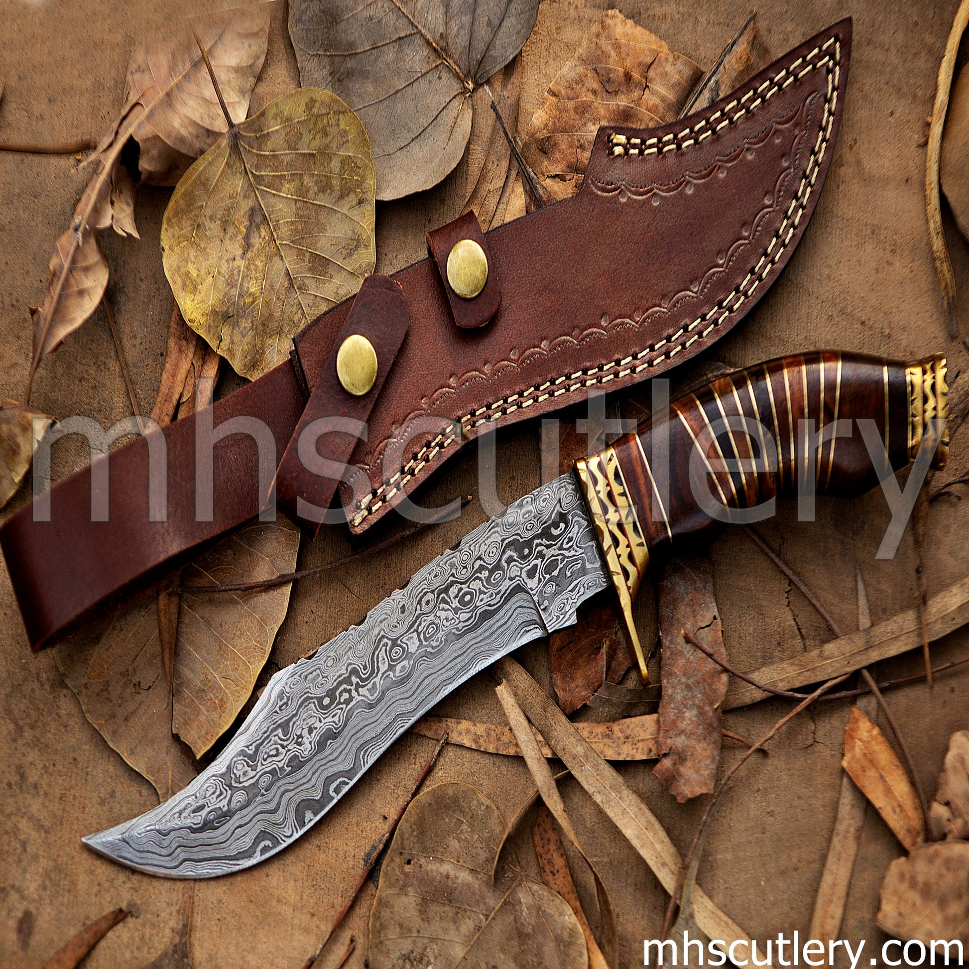 Custom Hand Forged Raindrop Damascus Steel Bowie Hunting Knife | mhscutlery