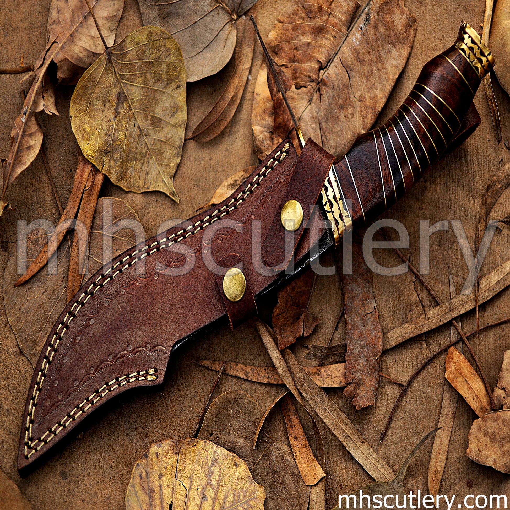 Custom Hand Forged Raindrop Damascus Steel Bowie Hunting Knife | mhscutlery
