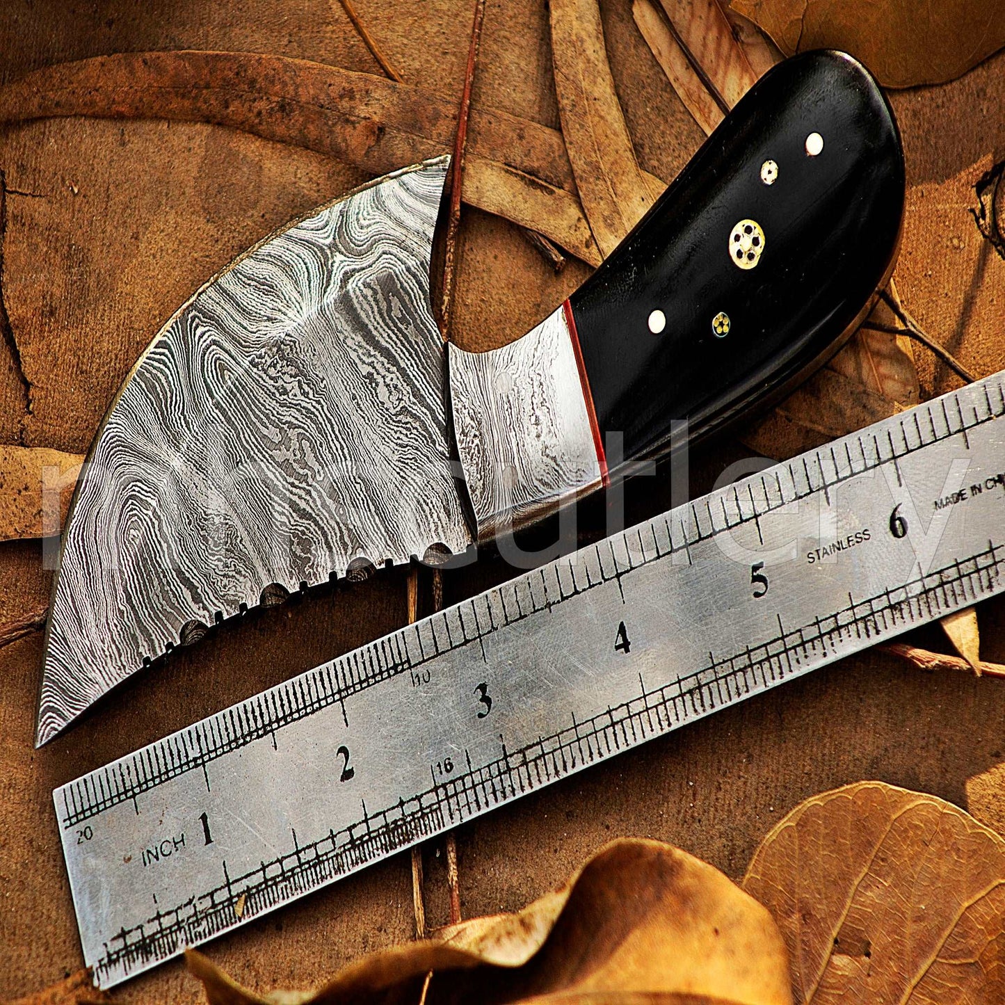 Custom Forged Raindrop Damascus Steel Pizza Cutter Knife | mhscutlery