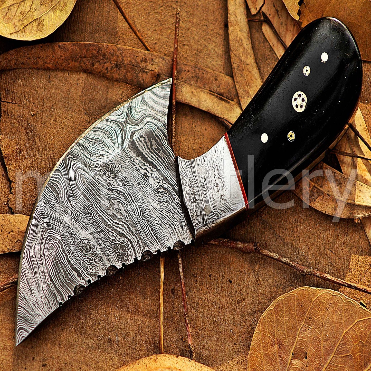 Custom Forged Raindrop Damascus Steel Pizza Cutter Knife | mhscutlery