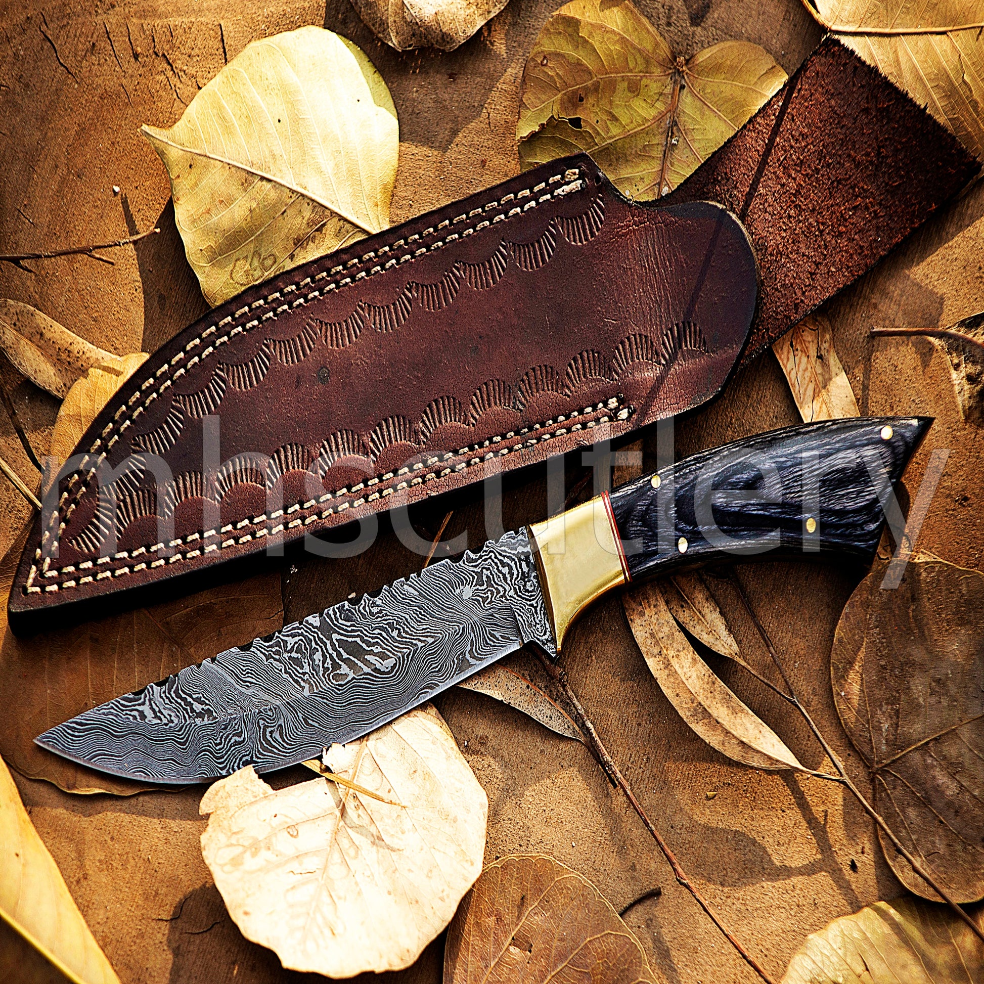 Damascus Steel Big Hunter Skinner Fixed Blade Knife | mhscutlery