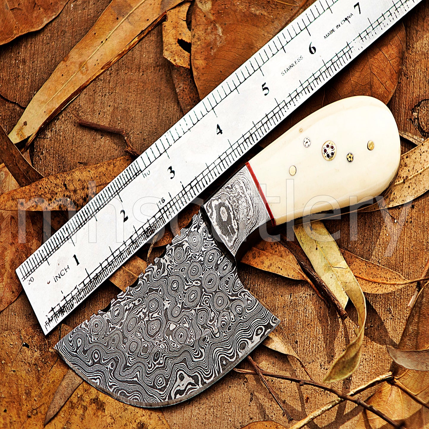 Hand Forged Raindrop Damascus Pizza Cutter Knife / Bone Handle | mhscutlery
