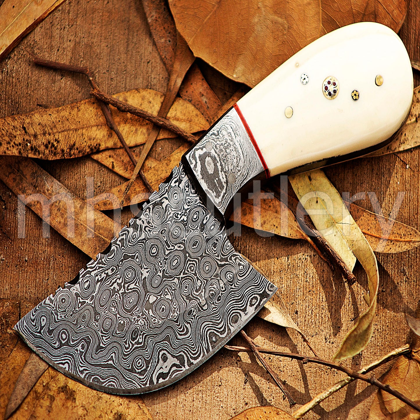 Hand Forged Raindrop Damascus Pizza Cutter Knife / Bone Handle | mhscutlery