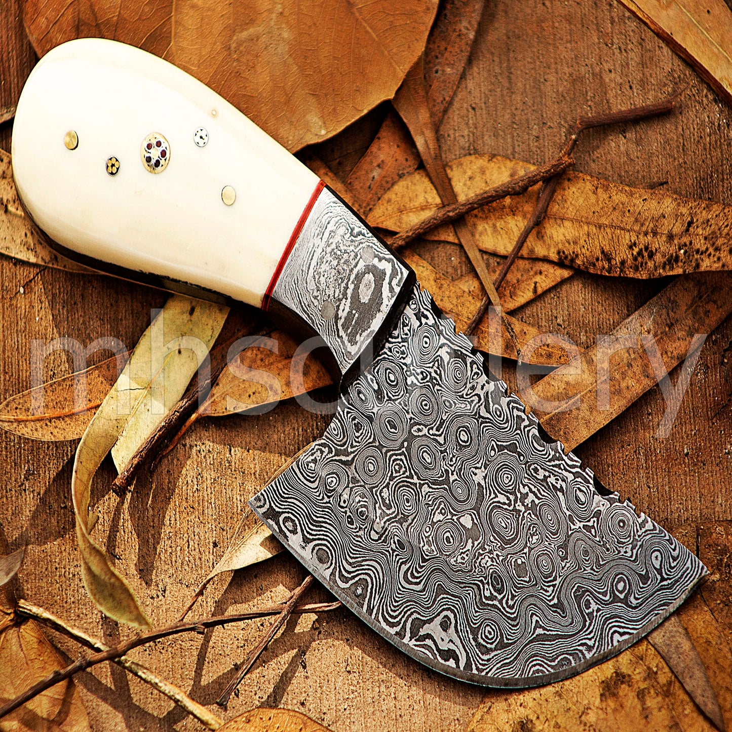 Hand Forged Raindrop Damascus Pizza Cutter Knife / Bone Handle | mhscutlery