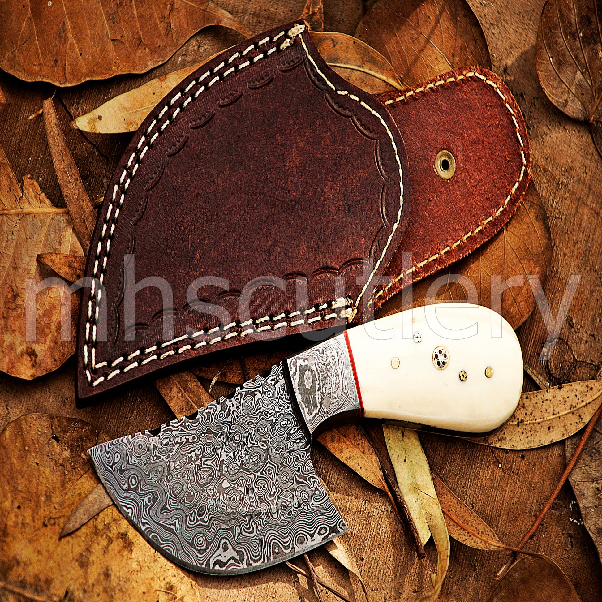 Hand Forged Raindrop Damascus Pizza Cutter Knife / Bone Handle | mhscutlery