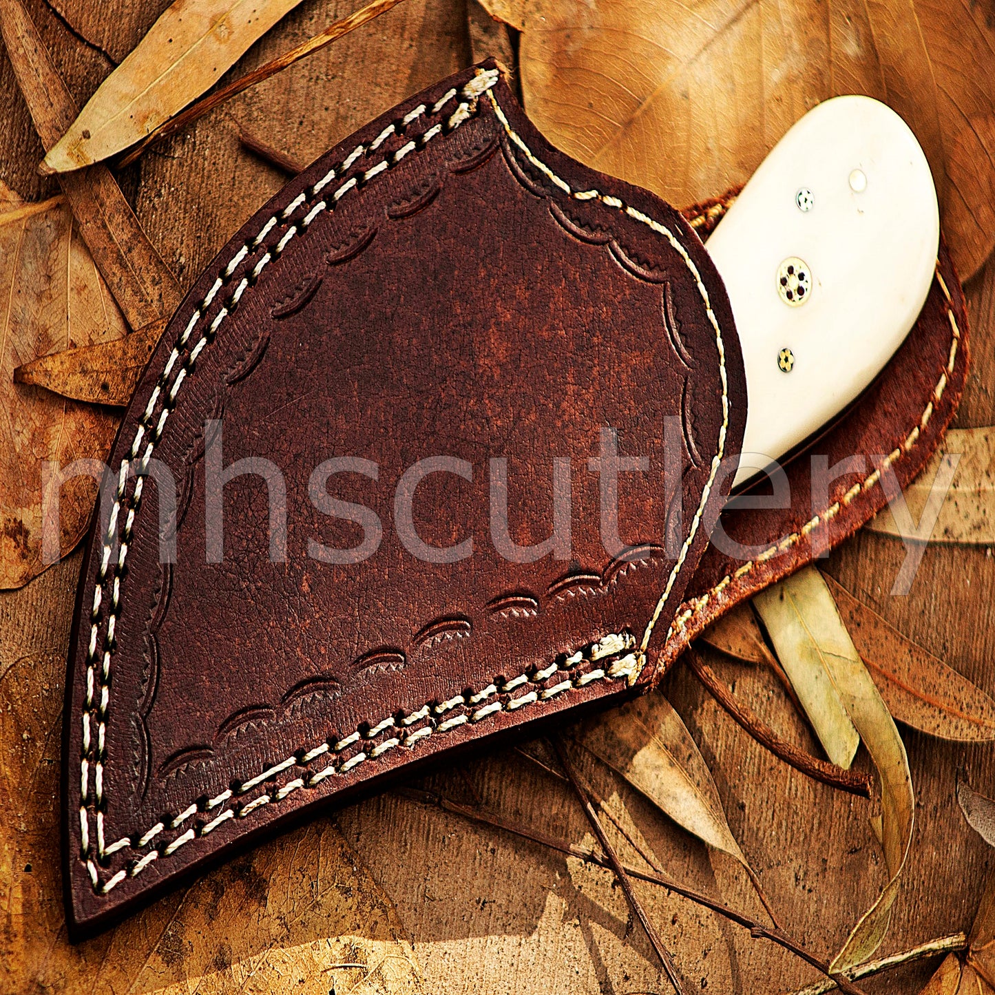 Hand Forged Raindrop Damascus Pizza Cutter Knife / Bone Handle | mhscutlery