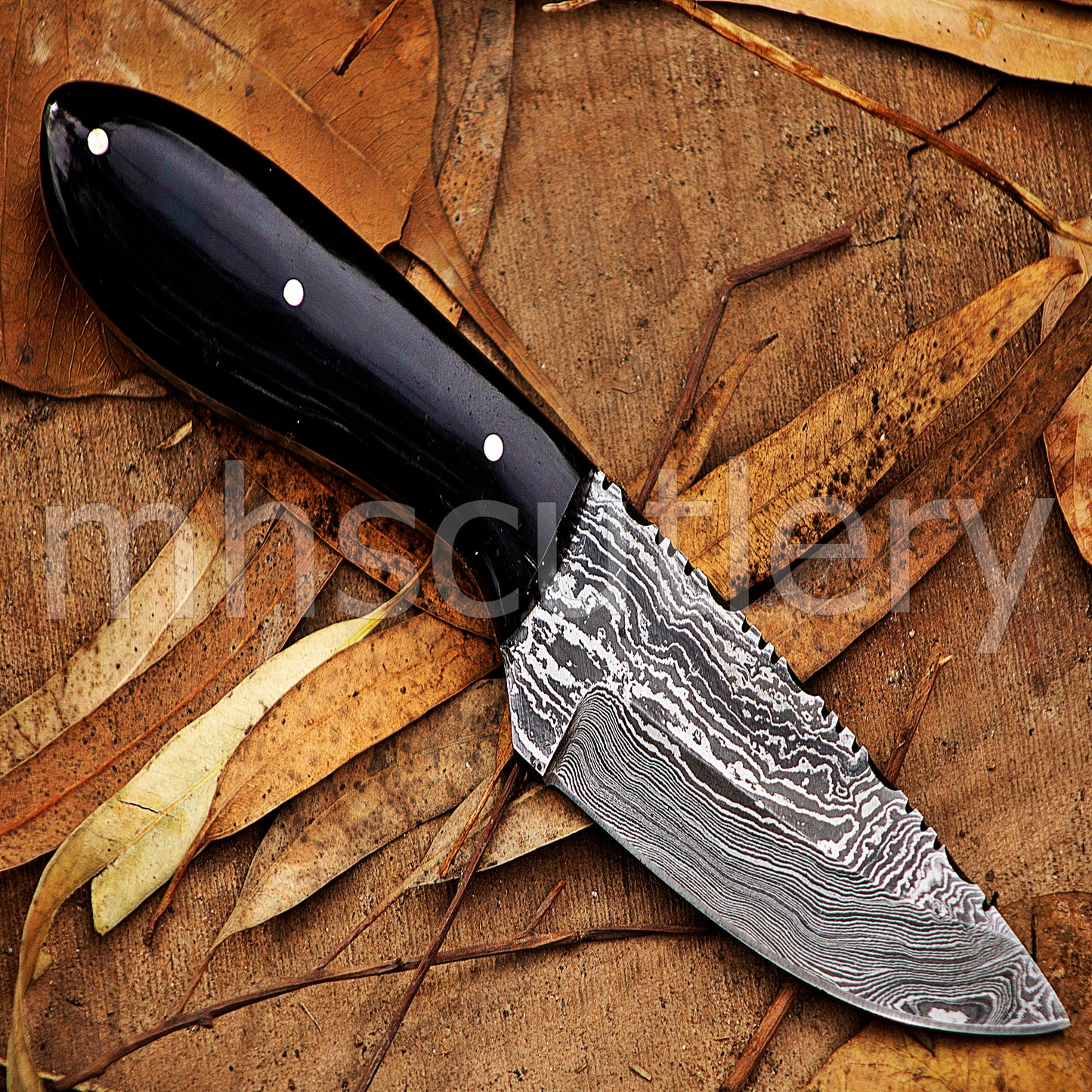 Custom Made Damascus Steel Hunter Skinning Knife With Bull Horn Handle | mhscutlery