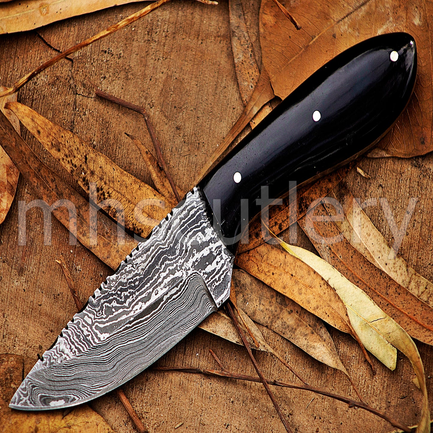 Custom Made Damascus Steel Hunter Skinning Knife With Bull Horn Handle | mhscutlery