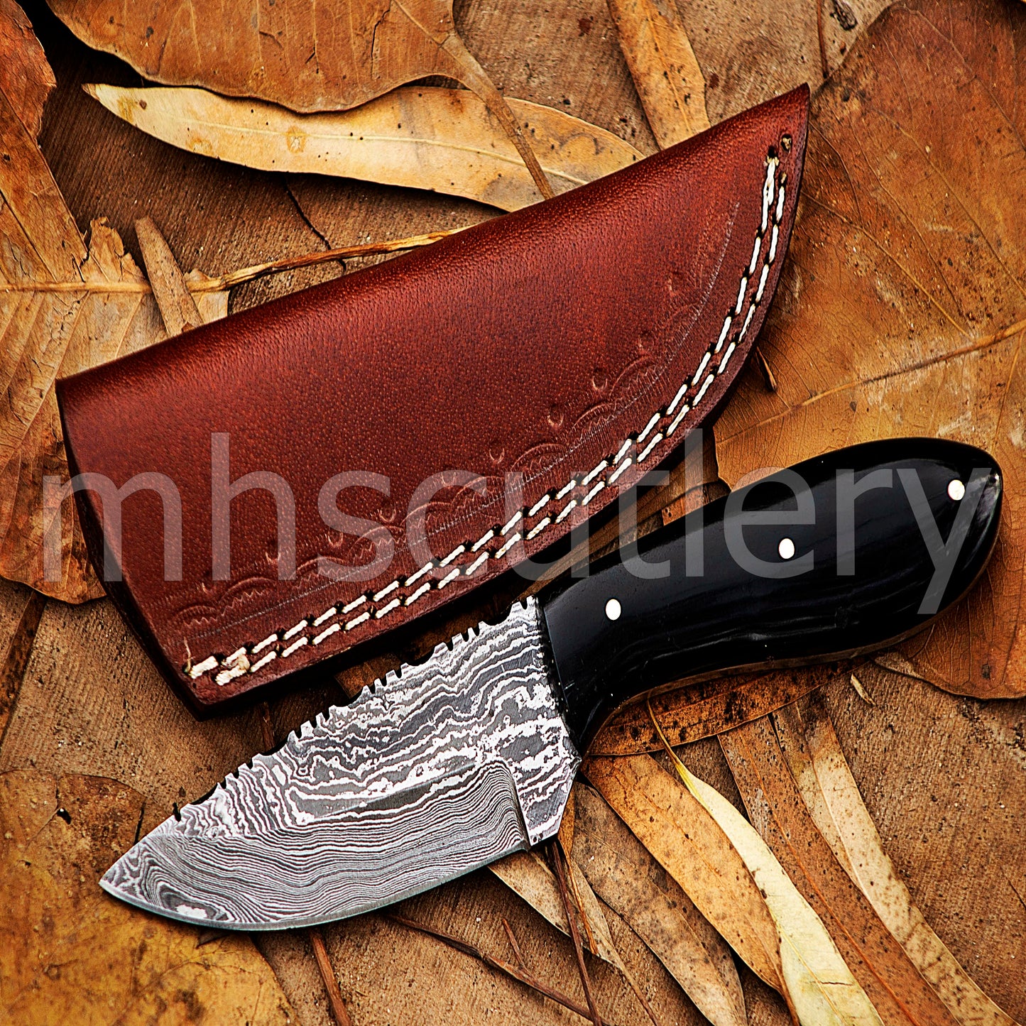 Custom Made Damascus Steel Hunter Skinning Knife With Bull Horn Handle | mhscutlery