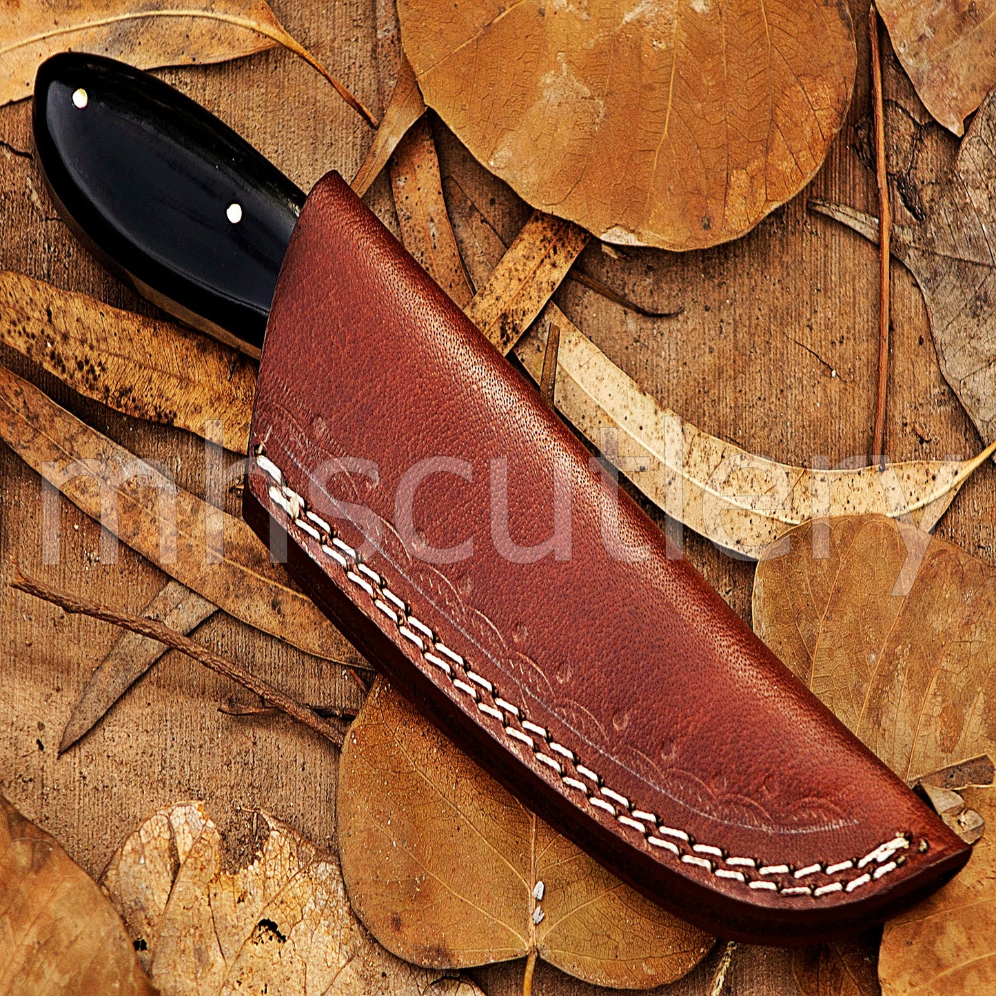 Custom Made Damascus Steel Hunter Skinning Knife With Bull Horn Handle | mhscutlery