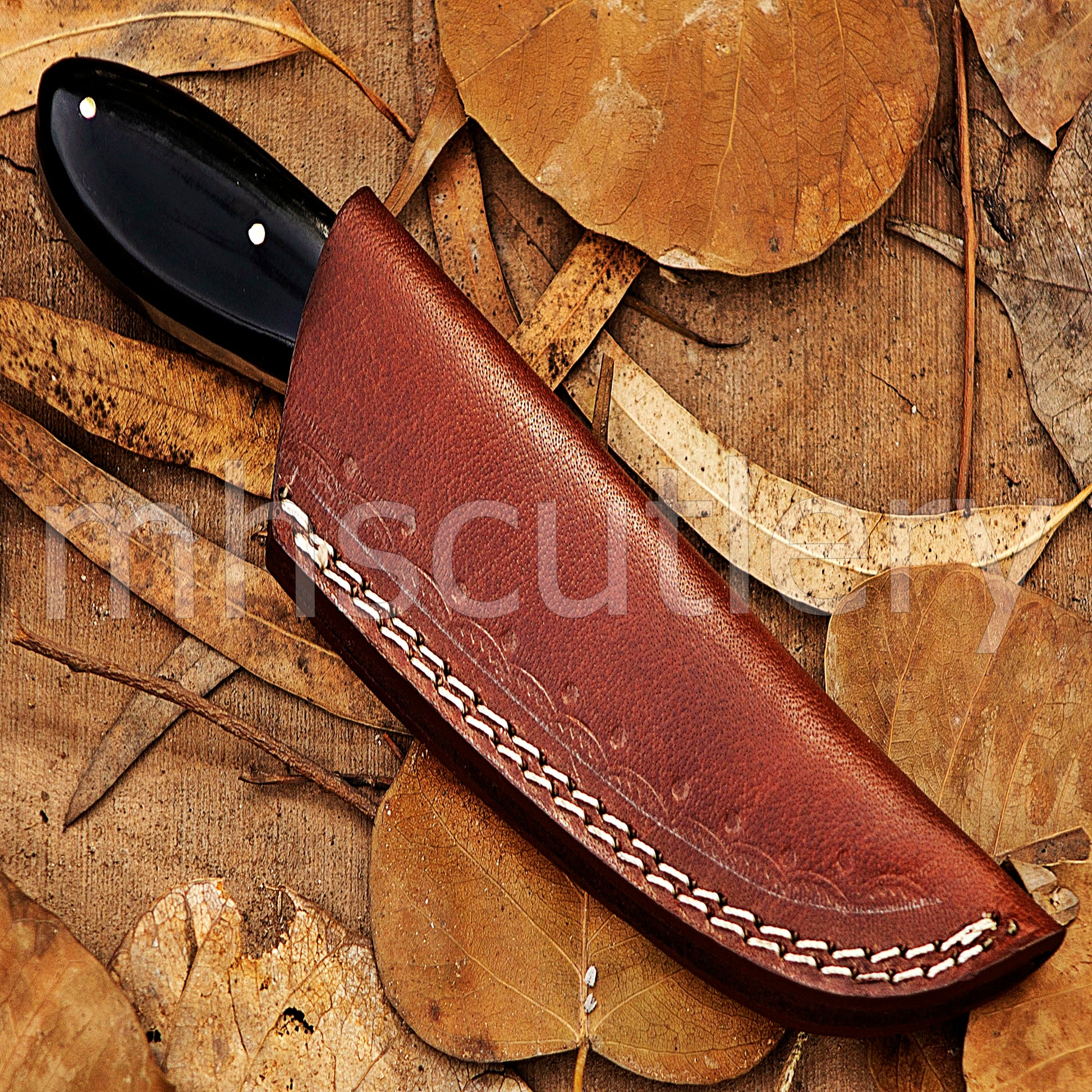 Custom Made Damascus Steel Hunter Skinning Knife With Bull Horn Handle | mhscutlery