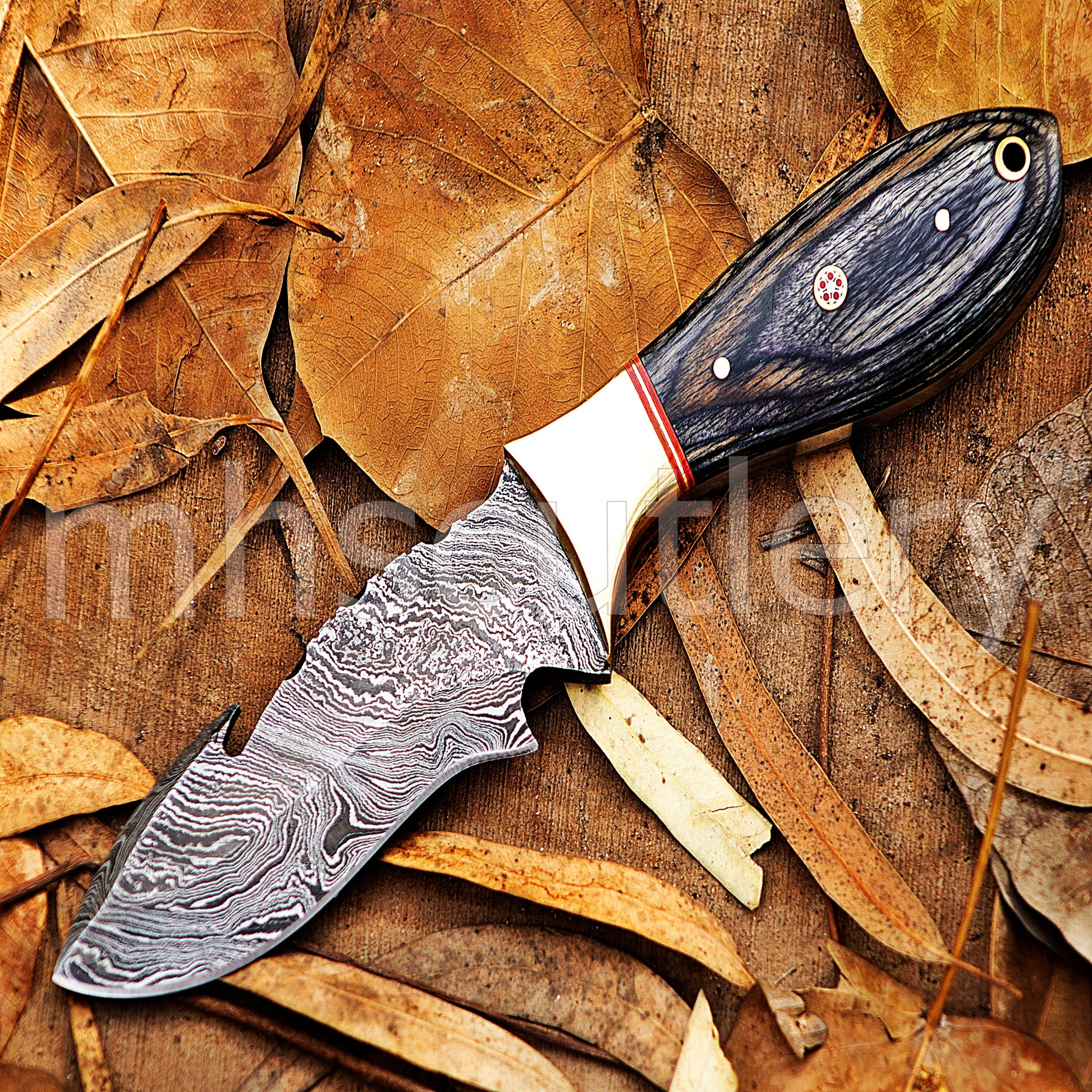 Handmade Fixed Blade Gut Hook Skinner Damascus Steel Knife | mhscutlery