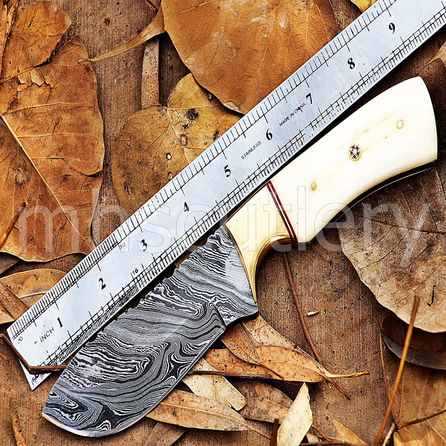 Damascus Steel Fixed Blade Skinning Knife / Bone Handle | mhscutlery