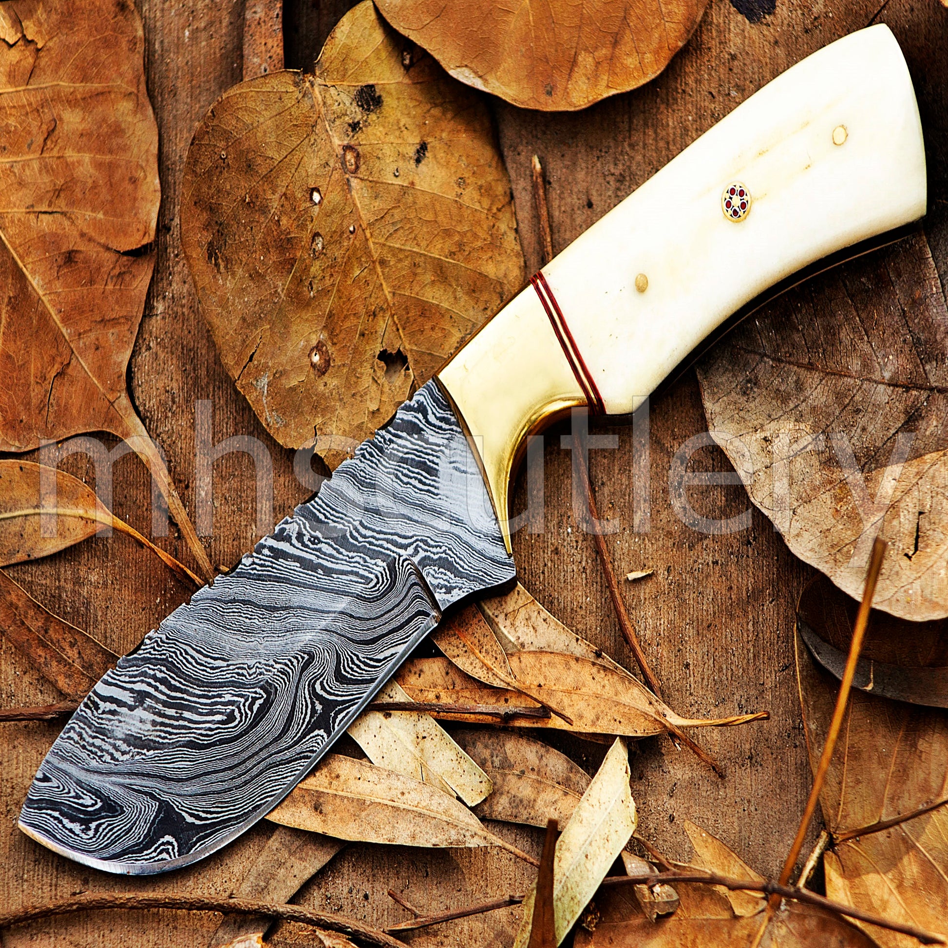 Damascus Steel Fixed Blade Skinning Knife / Bone Handle | mhscutlery