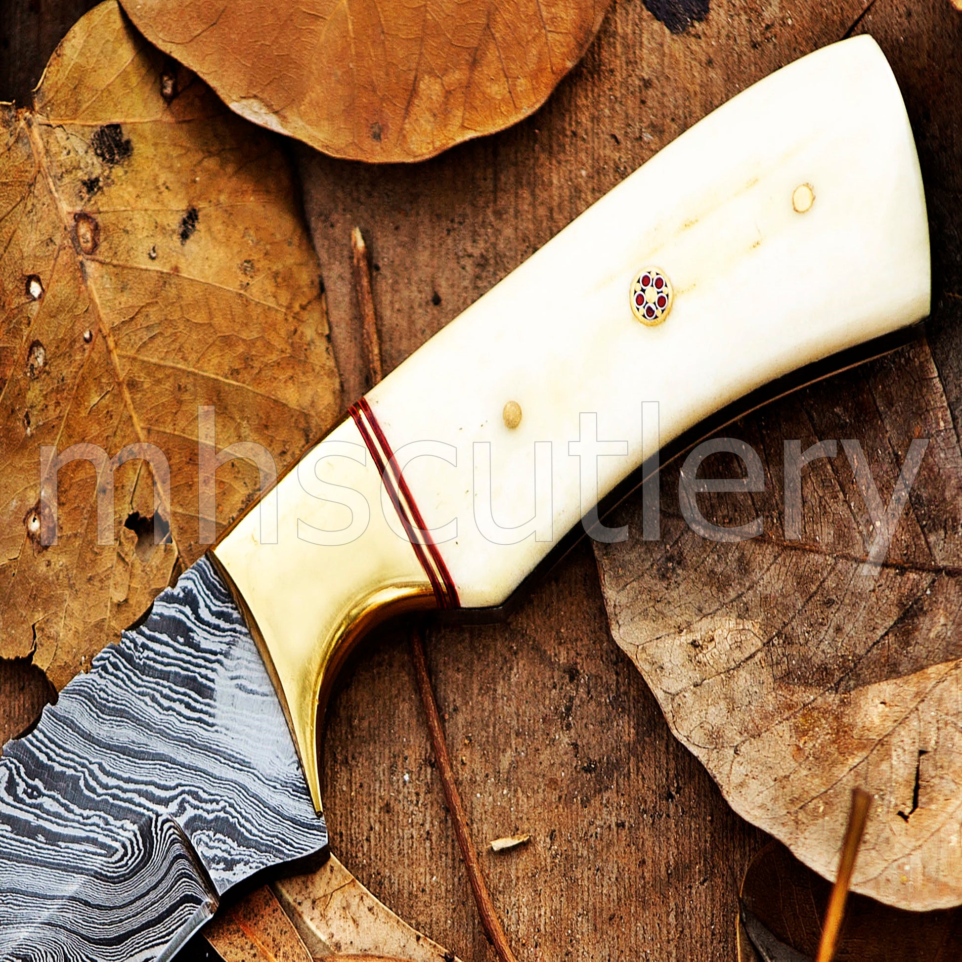 Damascus Steel Fixed Blade Skinning Knife / Bone Handle | mhscutlery