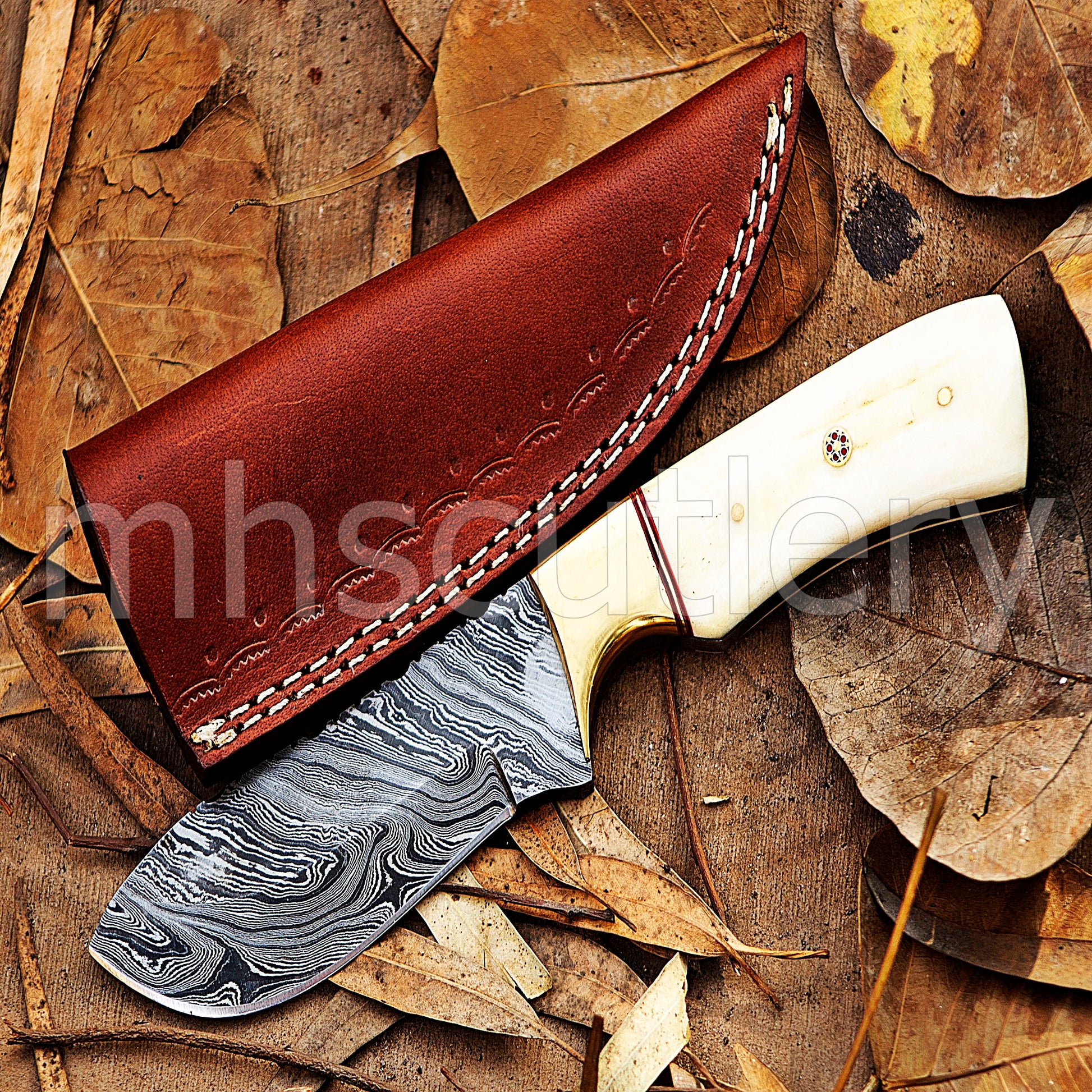 Damascus Steel Fixed Blade Skinning Knife / Bone Handle | mhscutlery