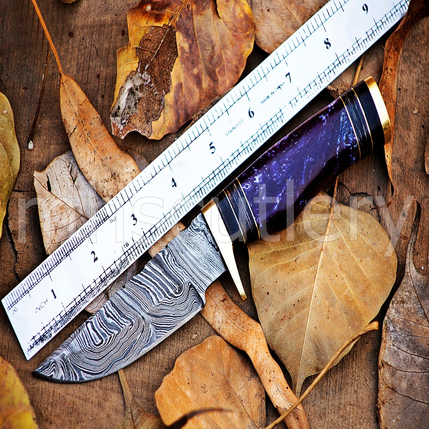 Damascus Steel Hunter Skinner Knife With Purple Resin | mhscutlery